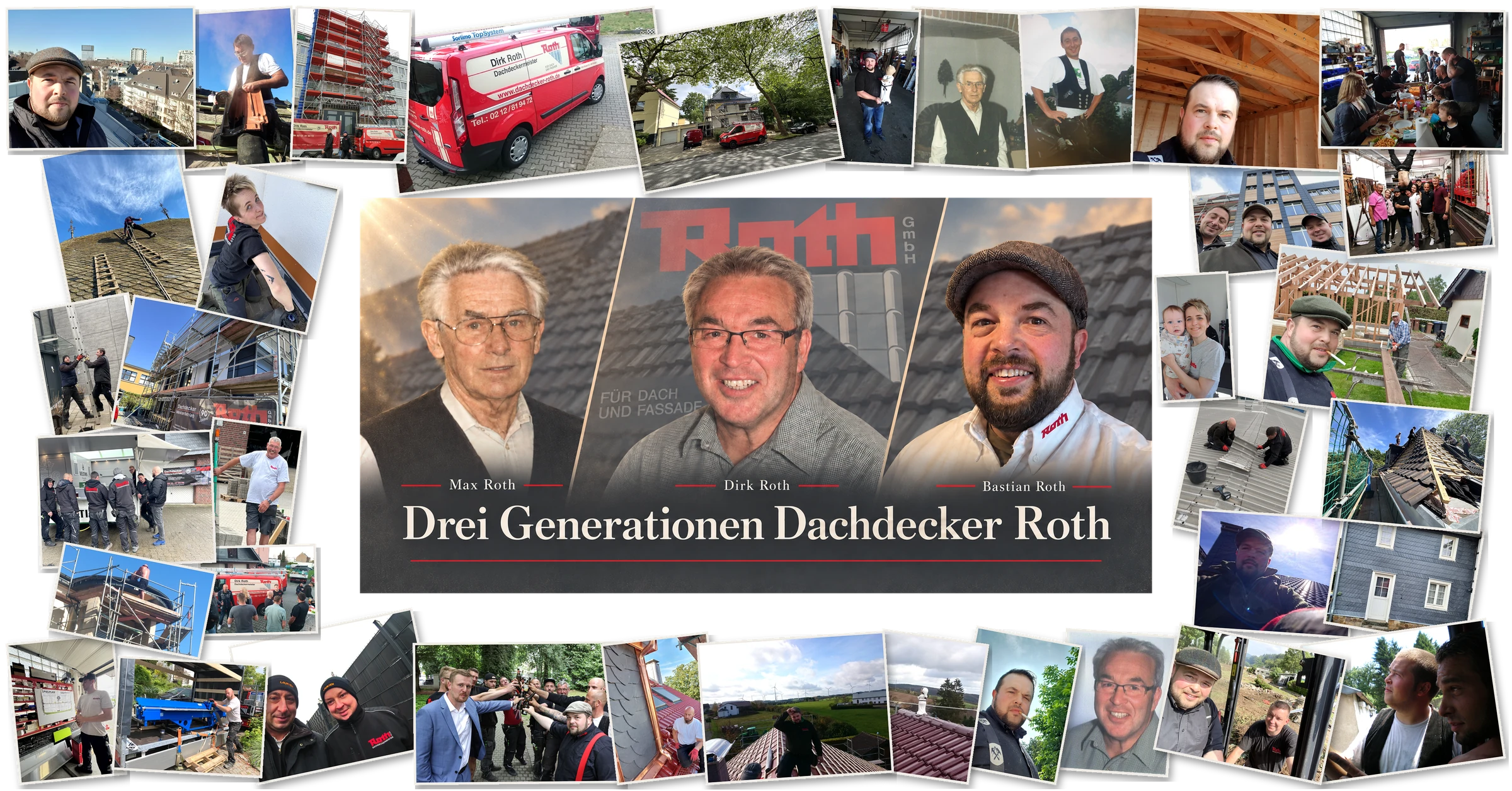 Drei Generationen Dachdecker Roth: Max, Dirk und Bastian Roth, umgeben von Fotos aus dem Familienbetrieb.